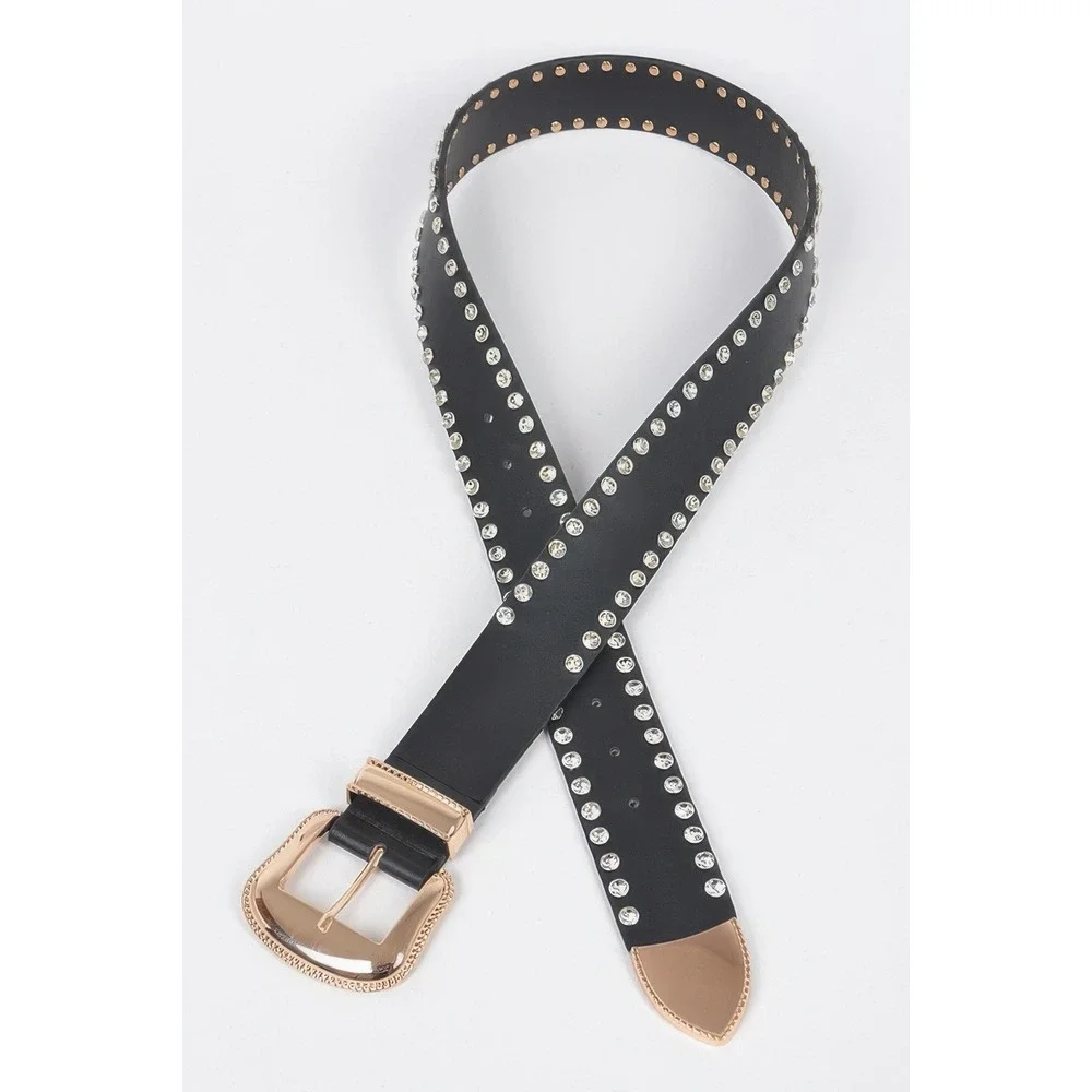 Western Belt Womens One Size Black New Rhinestone Rose Gold Tone